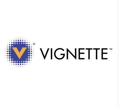 Logo von Vignette, bestehend aus einem blauen V und dem Schriftzug in schwarzer Schrift.